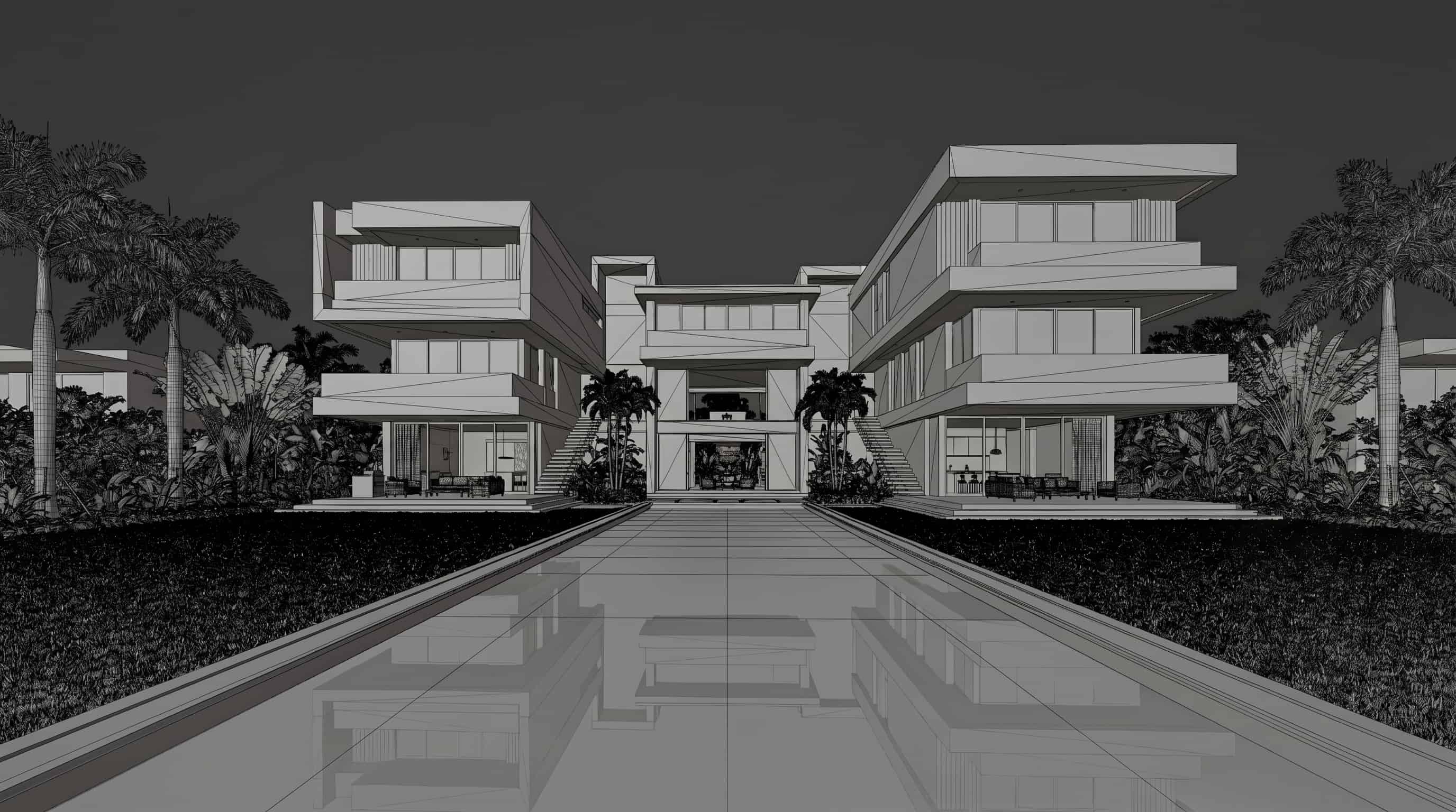 Architectural visualization wireframe stage: 3D modeling and geometry blockout of a modern concrete villa in Blender