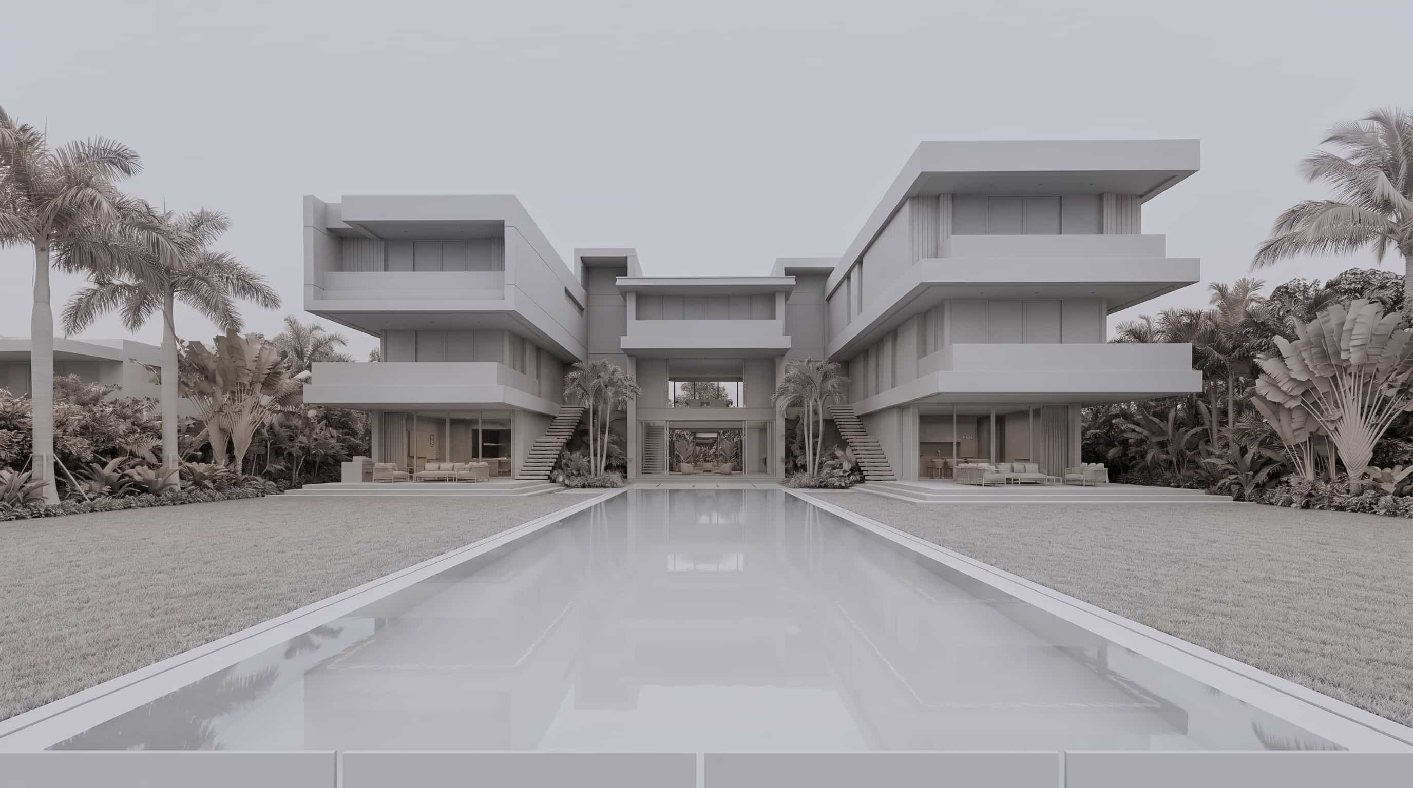 Clay render lighting study for archviz: ambient occlusion, sun angle and composition analysis before materials