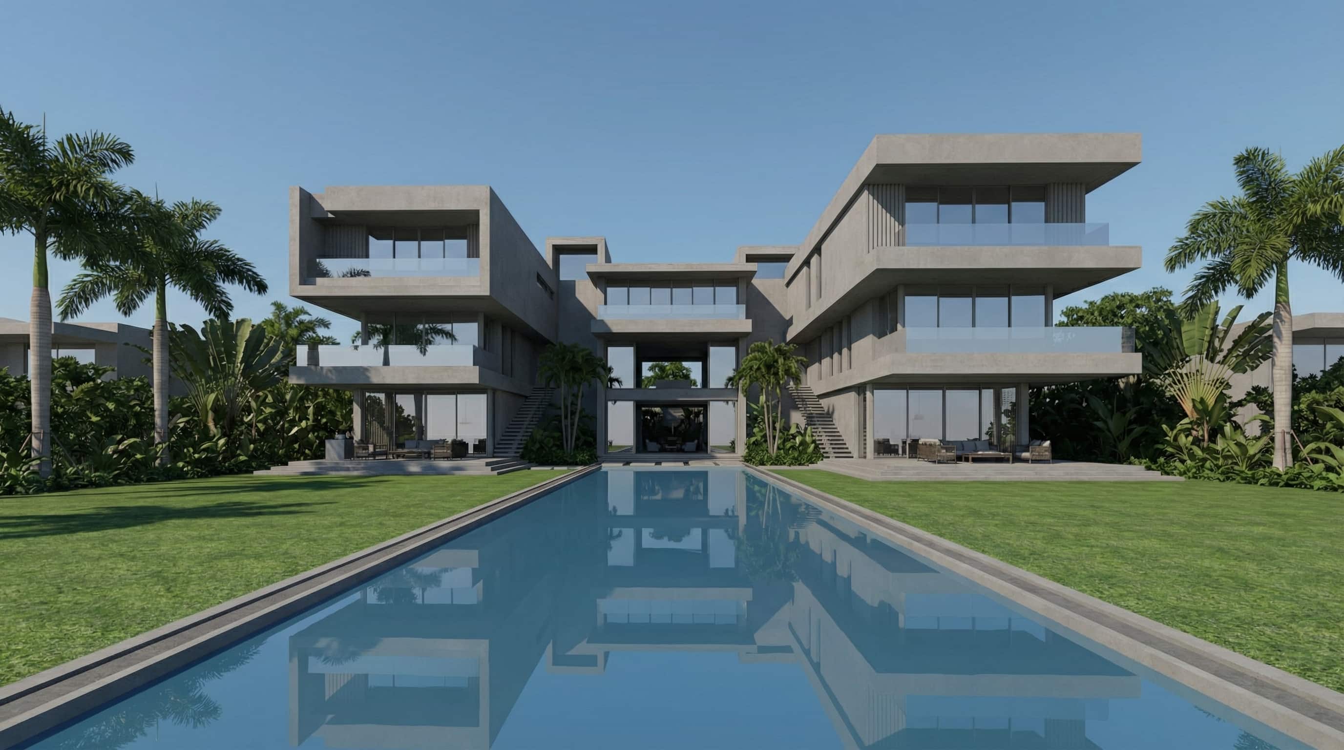 Base 3D architectural render: PBR material properties, concrete shading and physical daylight setup