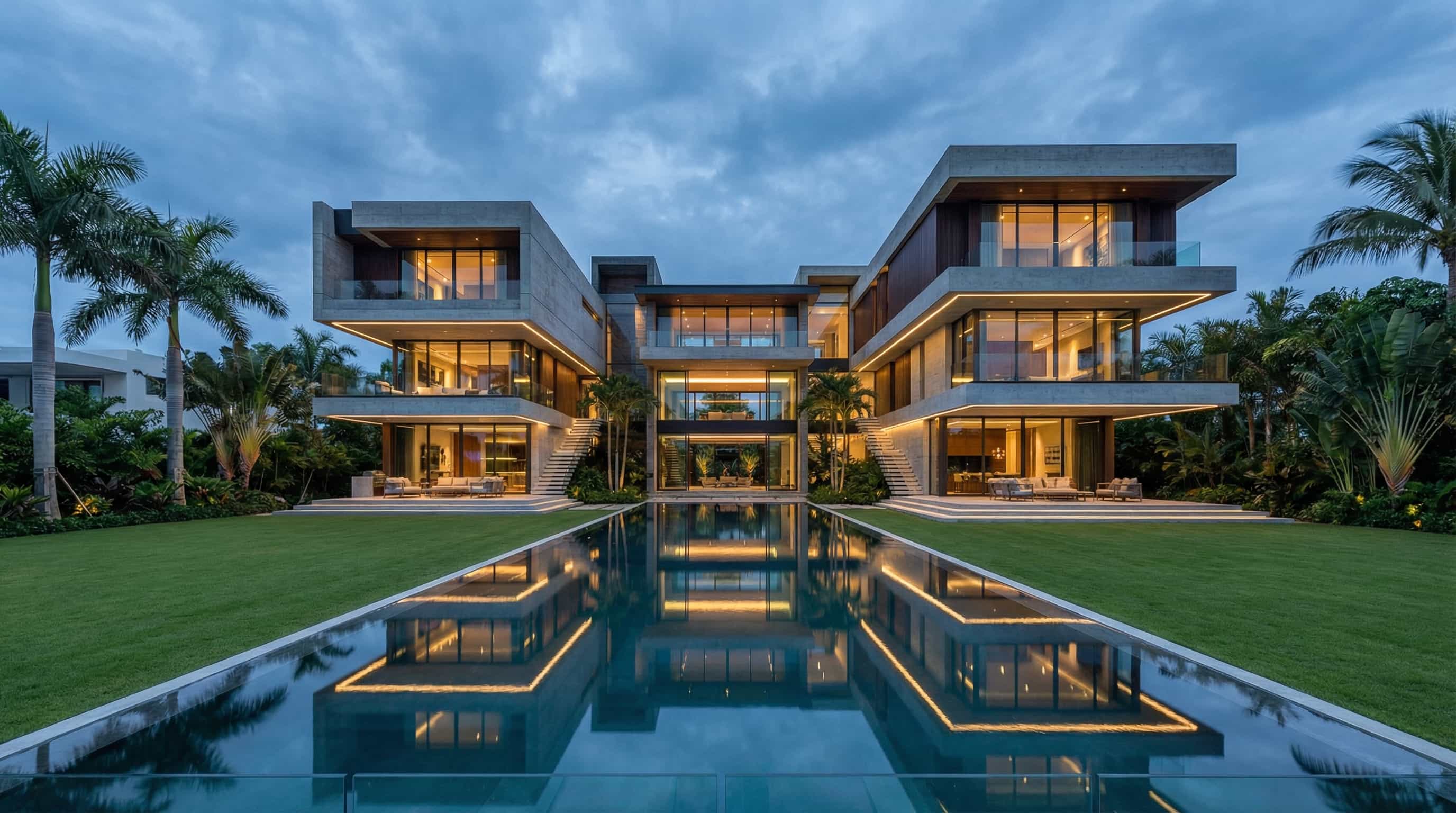 Ultra realistic AI neural render of the villa at dusk: photorealistic archviz finish from an AI-assisted CGI pipeline